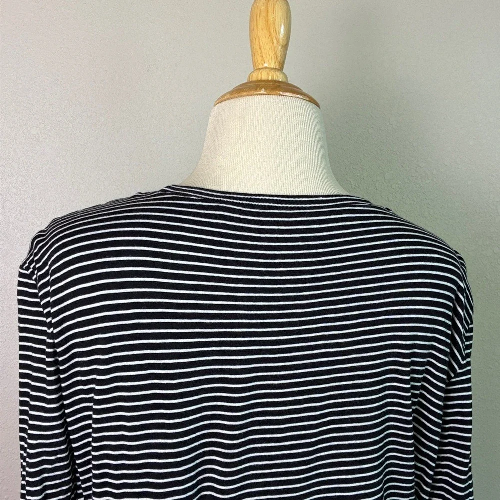 VINCE Small Black White Striped Long Sleeve Cotton Gathered Tie Waist Midi Dress